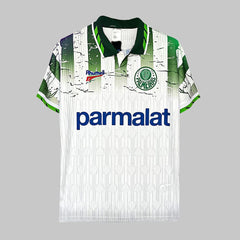 camisa palmeiras retrô modelo 2 branca com detalhes em verde e patrocínio parmalat foto frontal