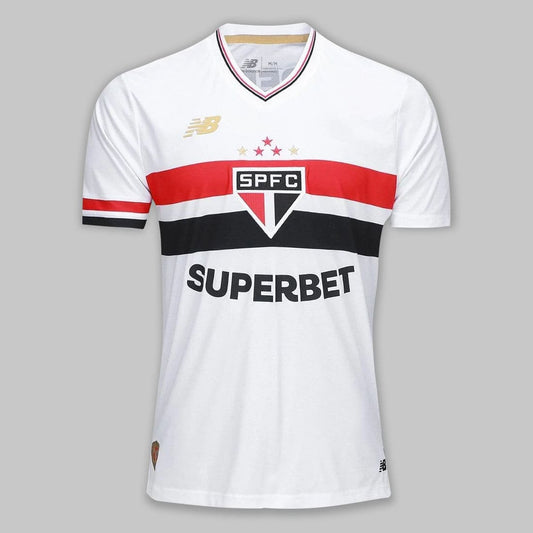 Camisa São Paulo I 25/26 Masculina branca com faixas vermelha e preta
