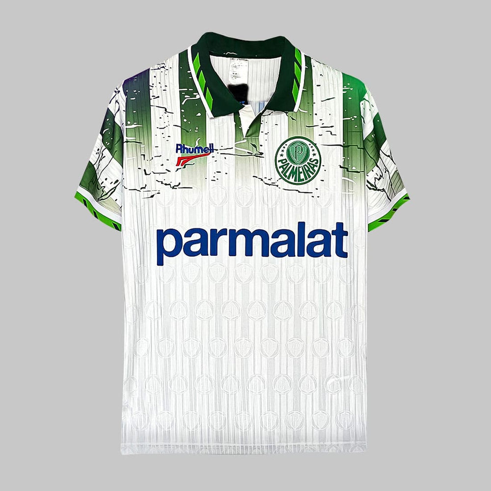 camisa palmeiras retrô modelo 2 branca com detalhes em verde e patrocínio parmalat foto frontal