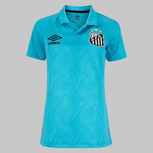 Camisa Santos III 25/26 Feminina vista frontal na cor azul com escudo bordado