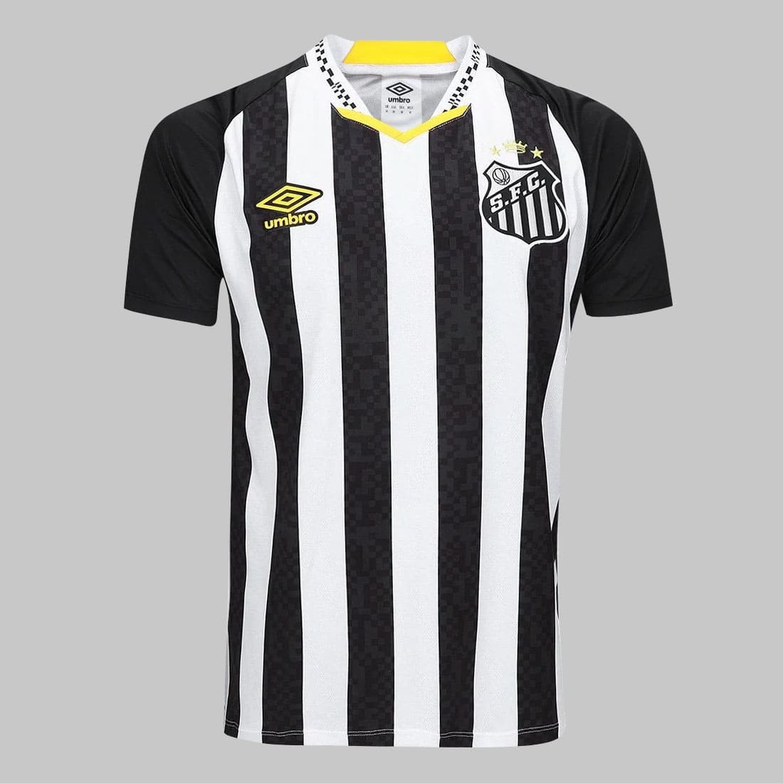 Camisa Santos II 25/26 Masculina vista frontal com listras pretas e brancas e escudo bordado