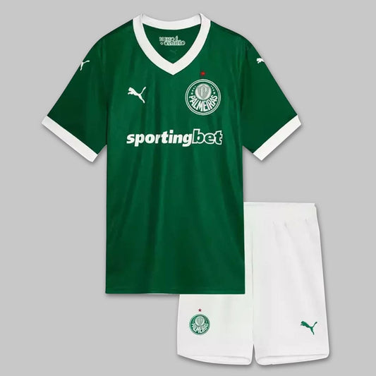 Frente da camisa infantil Palmeiras Home 2025 verde